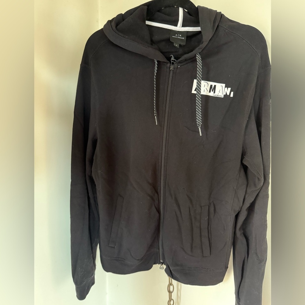 Armani Exchange Black Zip Up Hoodie with White Logo Design on front Size Medium